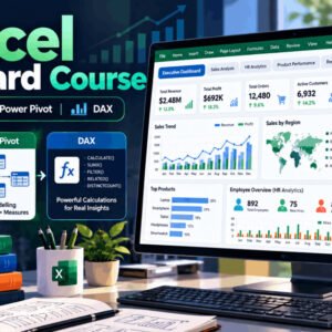 Excel Dashboard Course showing interactive KPI cards, charts, slicers, Power Query, Power Pivot and DAX analytics
