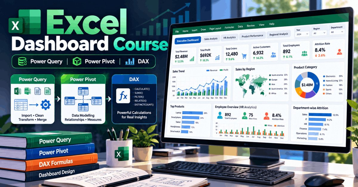 Excel Dashboard Course showing interactive KPI cards, charts, slicers, Power Query, Power Pivot and DAX analytics