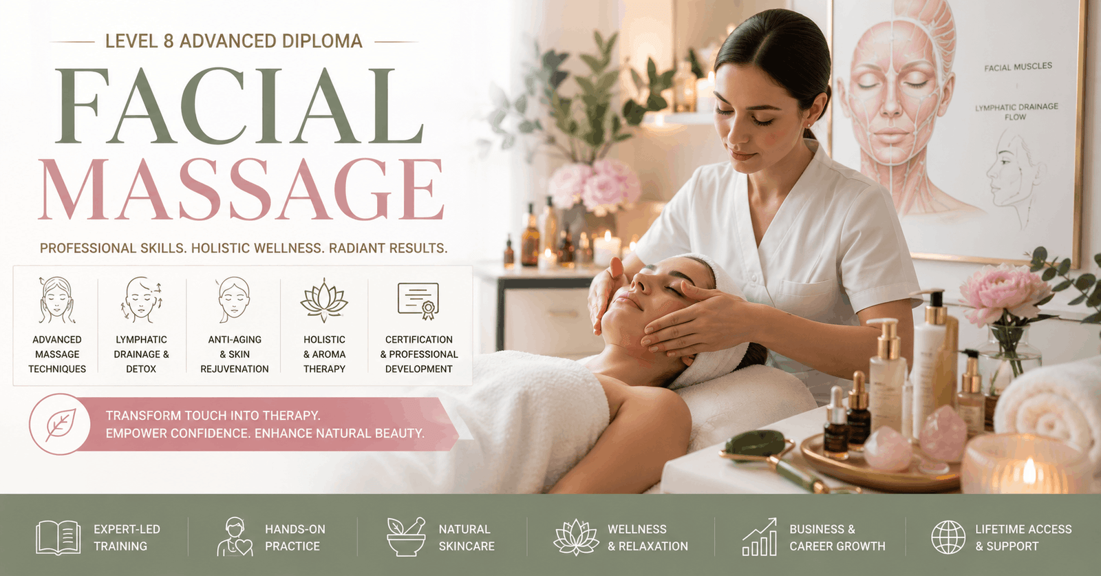 Professional therapist performing Facial Massage Course treatment in luxury spa environment