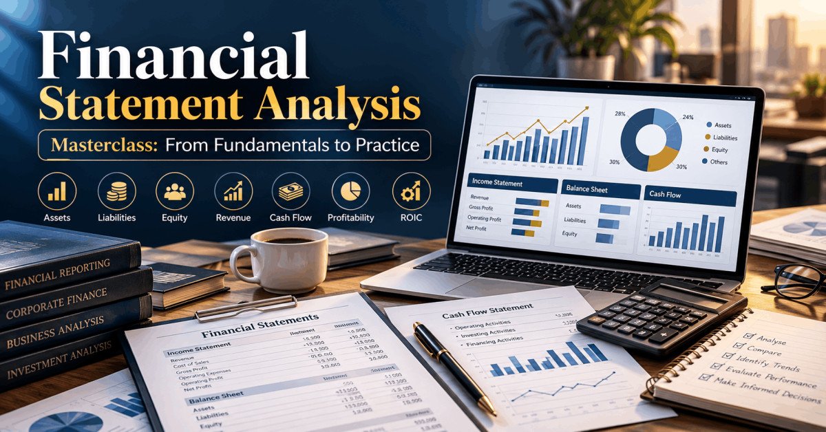 Financial Statement Analysis dashboard with balance sheet, profitability, cash flow, capital and performance charts