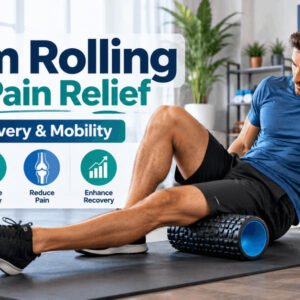 Foam rolling for pain relief targeting tight leg muscles to improve mobility, recovery and flexibility.