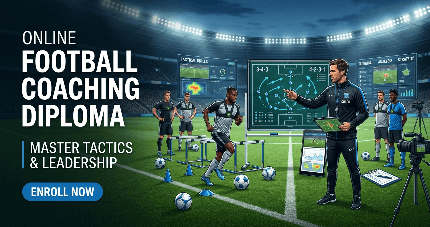 Football Coaching Diploma showing elite football coaching, tactics, and player training on a professional pitch