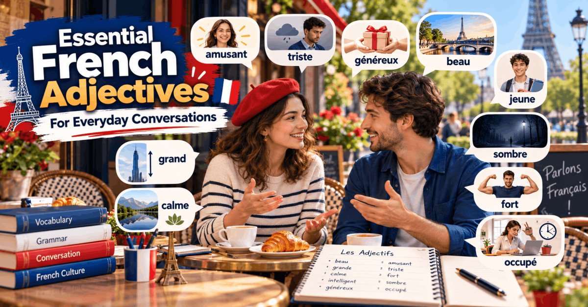 French adjectives displayed in speech bubbles as two learners practise descriptive vocabulary in everyday conversation.