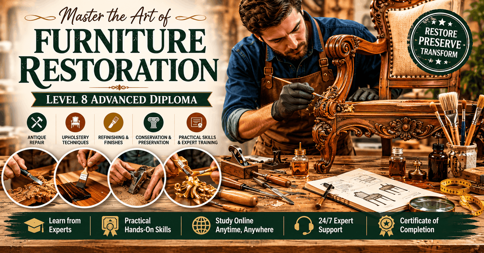 Craftsperson restoring antique furniture during Furniture Restoration Course workshop training