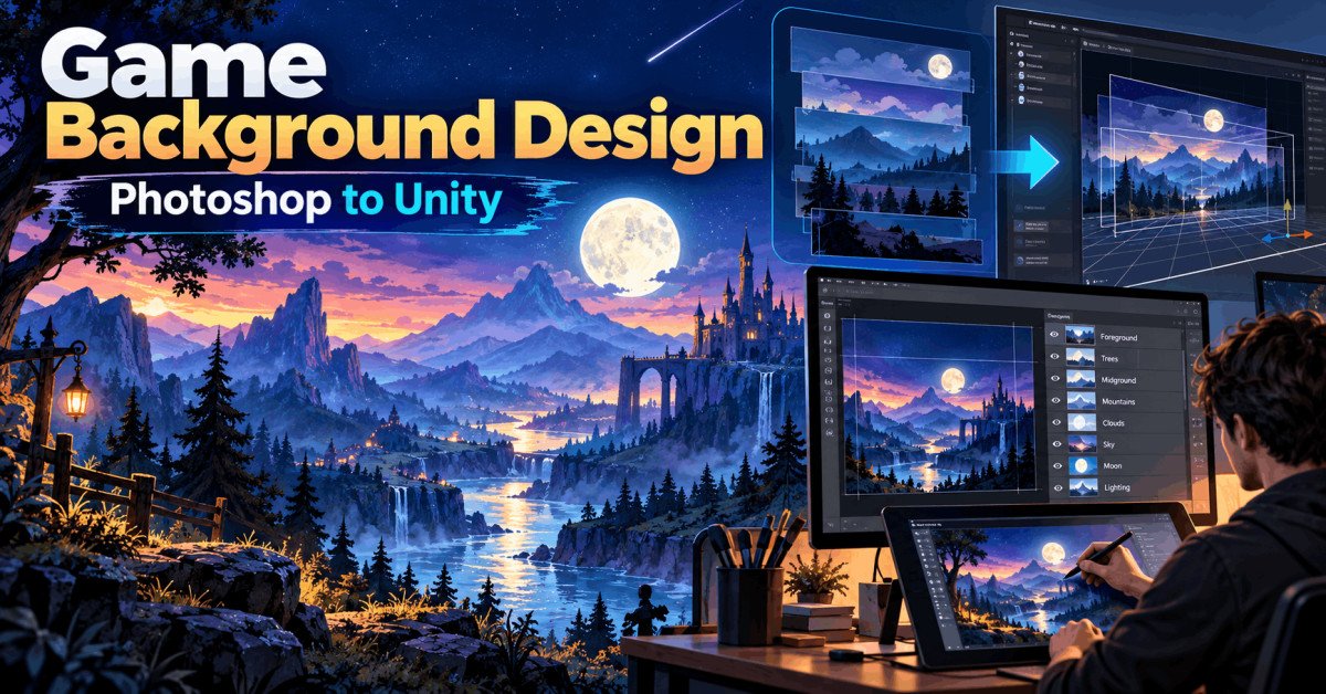 Game Background Design showing a layered fantasy landscape created in Photoshop and prepared for Unity