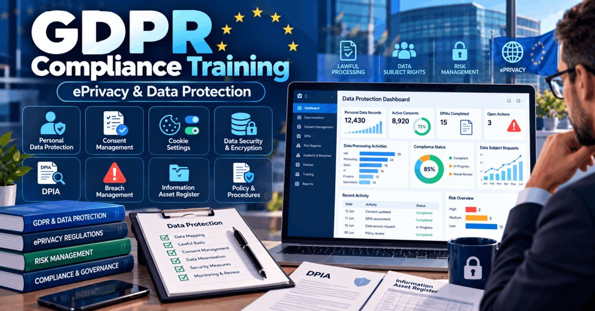 GDPR Compliance Training visual with data privacy, consent, cookies, security, DPIA and personal data protection