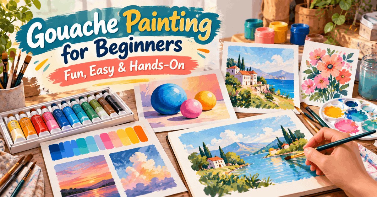 Gouache painting for beginners with paints, brushes, palette and colourful practice artwork