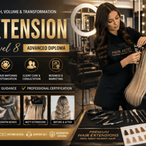 Professional hairstylist applying premium extensions in Hair Extension Diploma training salon
