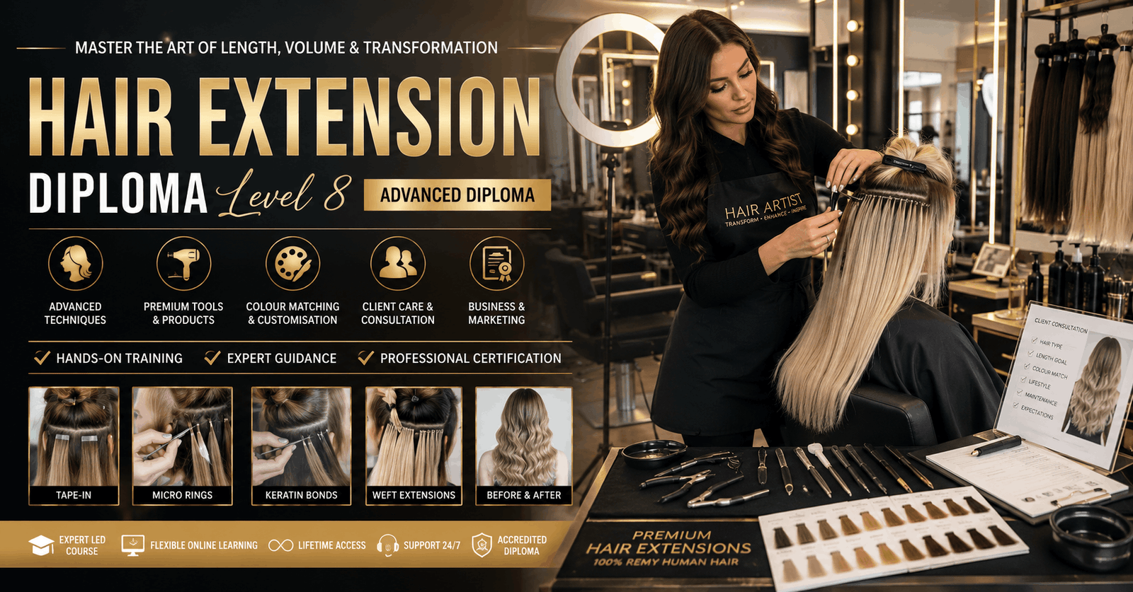Professional hairstylist applying premium extensions in Hair Extension Diploma training salon