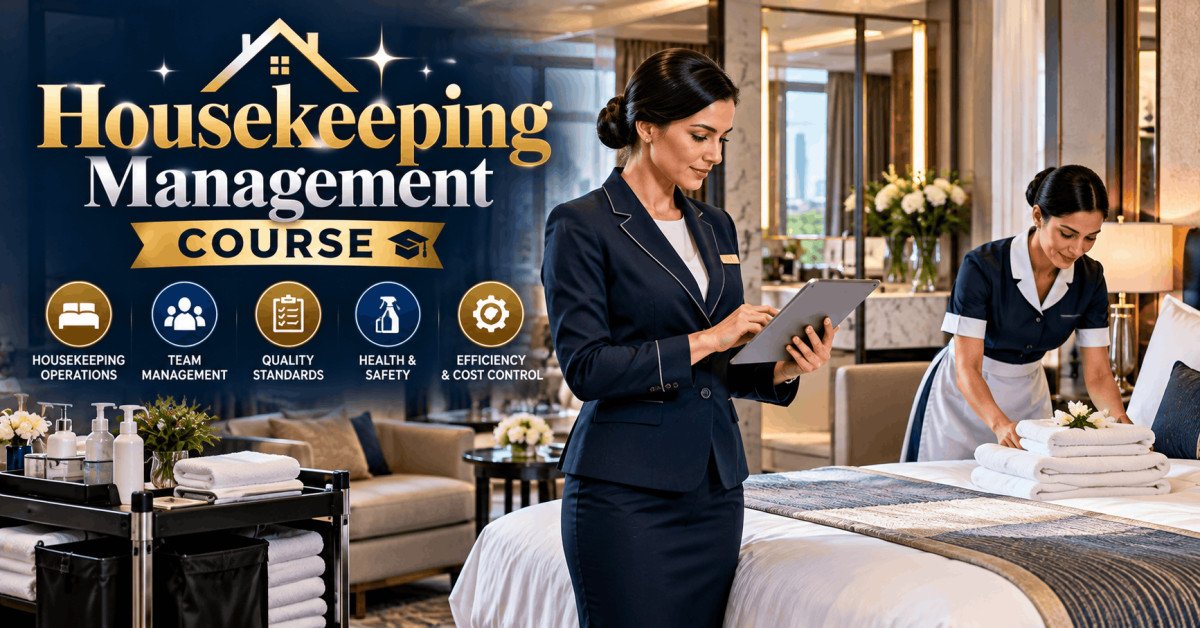 Hotel housekeeping supervisor inspecting a luxury guest room during a Housekeeping Management Course training scenario.