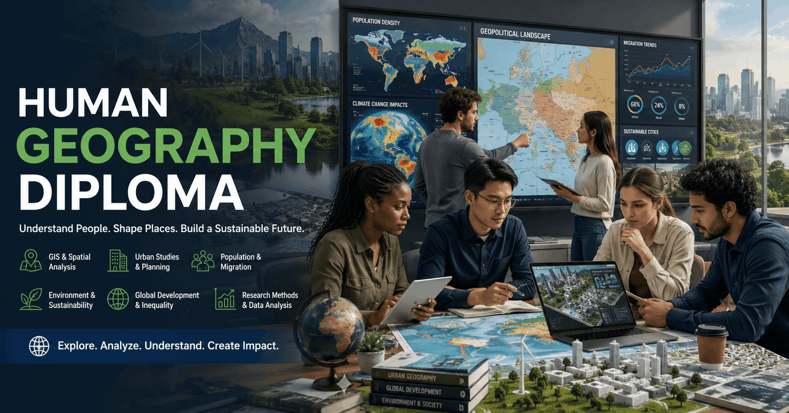 Students analysing maps and urban data in a Human Geography Diploma online course environment