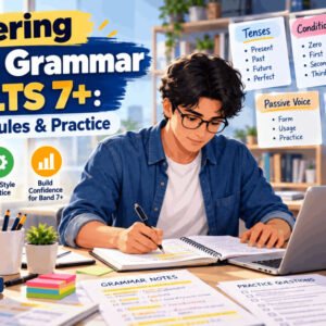 IELTS Grammar Course study desk with grammar notes, English exercises, notebook and laptop for Band 7+ preparation