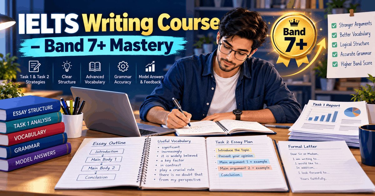 IELTS Writing Course showing Band 7+ essay, letter and academic report writing preparation