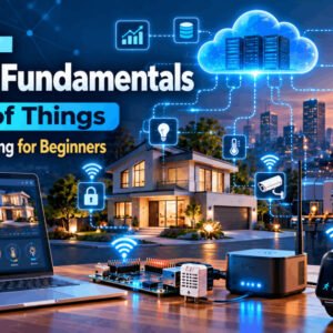 Connected smart devices, sensors and cloud technology illustrating IoT Fundamentals for beginners.