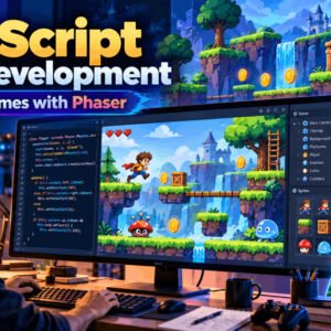 JavaScript Game Development workspace showing code, a 2D platformer, game characters, terrain and interactive elements.