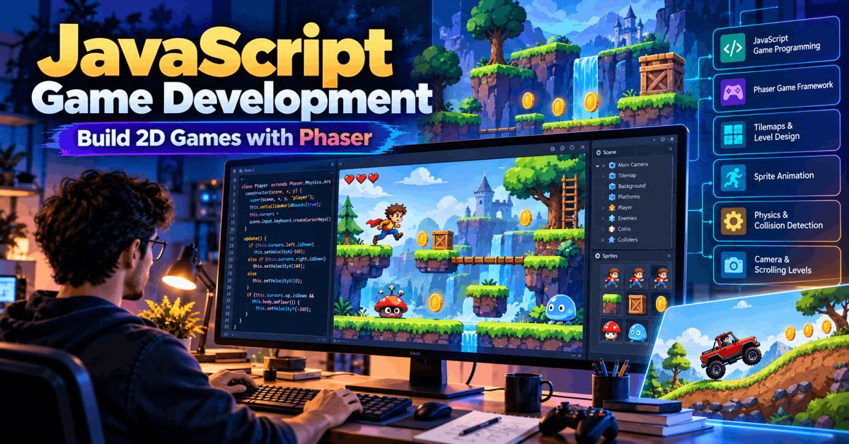 JavaScript Game Development workspace showing code, a 2D platformer, game characters, terrain and interactive elements.