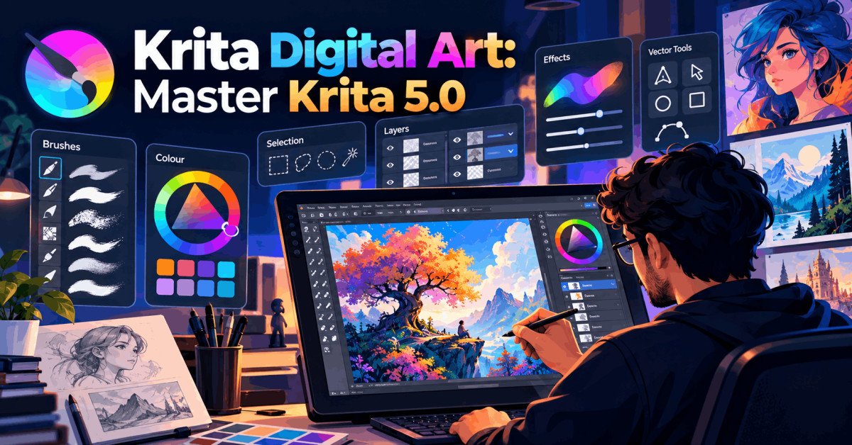 Krita Digital Art workspace showing digital drawing, brushes, layers, shapes and creative artwork exercises