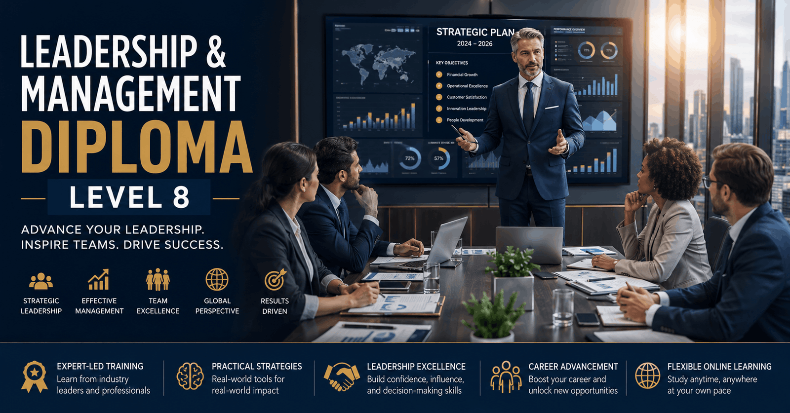 Business leader presenting strategy in Leadership Management Diploma Level 8 training session