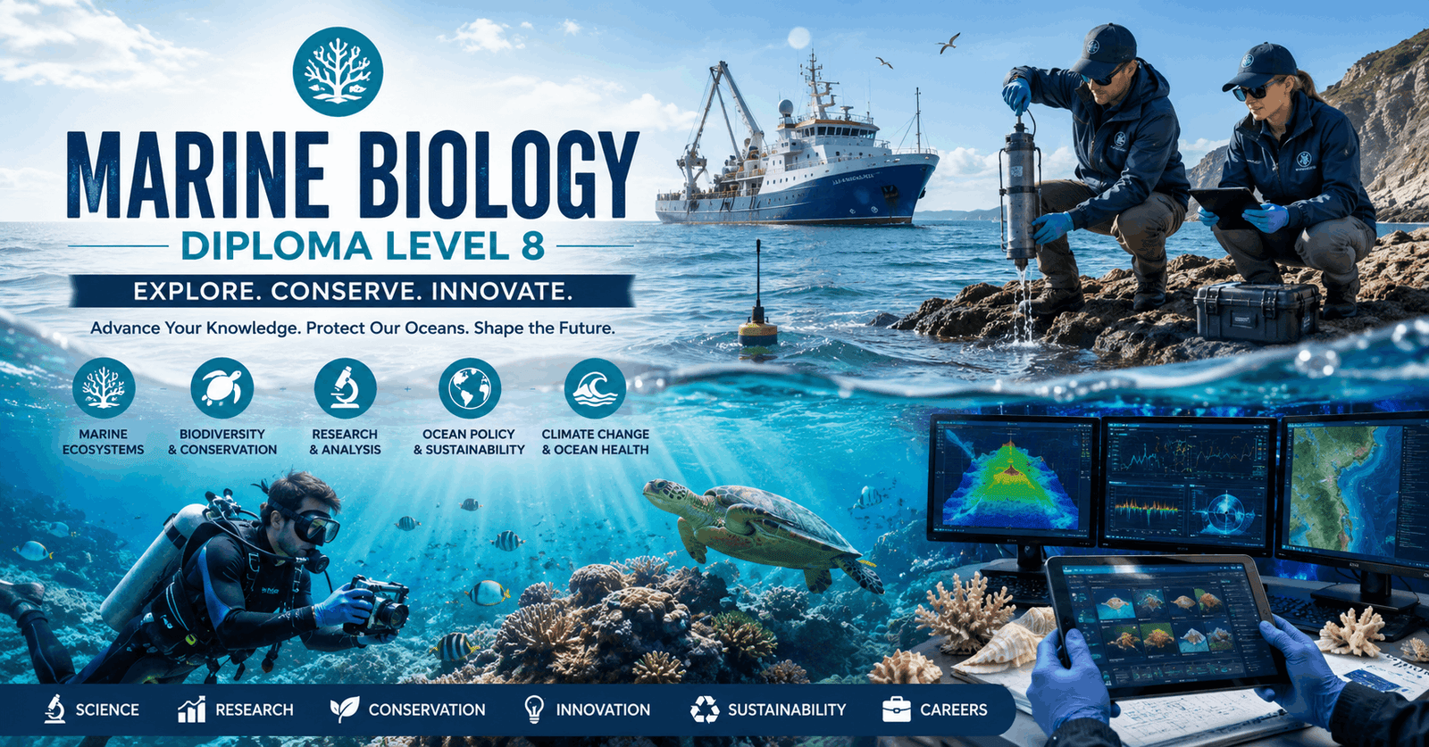 Marine scientist studying coral reefs and ocean ecosystems in Marine Biology Diploma course