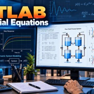 MATLAB Differential Equations visual with mathematical graphs, equations and a four-tank system model on a computer screen.