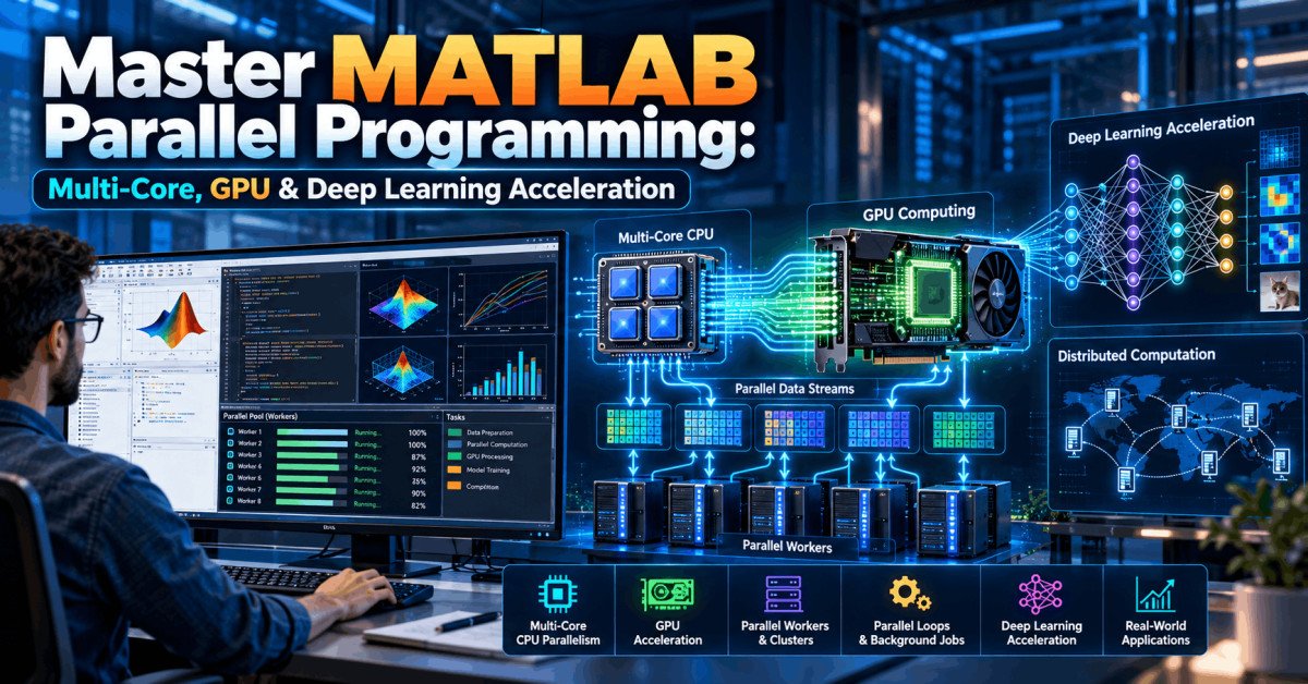 MATLAB Parallel Programming visual showing multi-core CPU, GPU computing and neural network acceleration