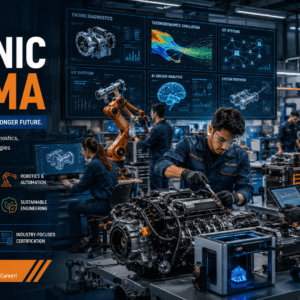 Students and engineers working on advanced automotive systems in a Mechanic Diploma workshop