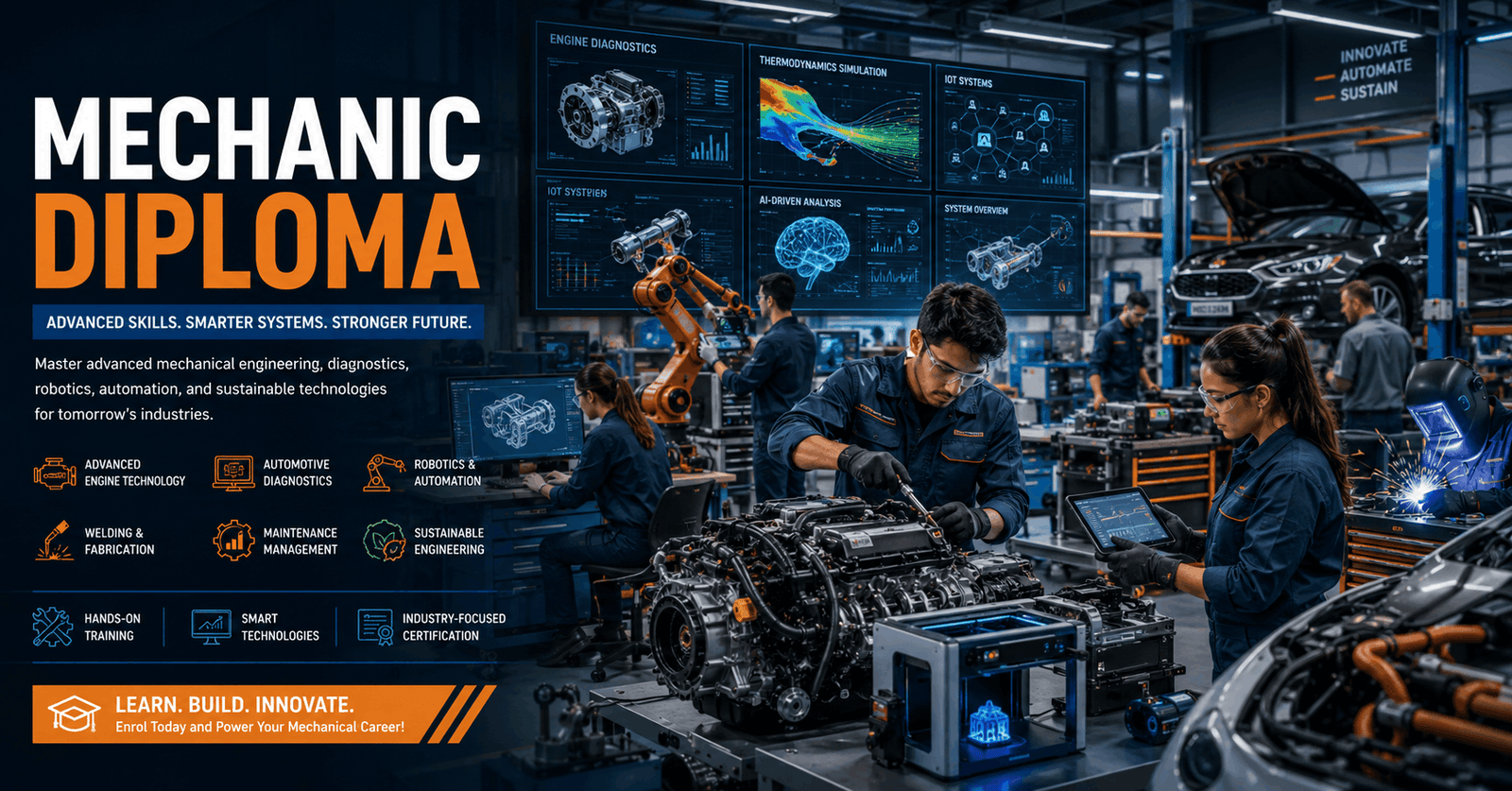 Students and engineers working on advanced automotive systems in a Mechanic Diploma workshop