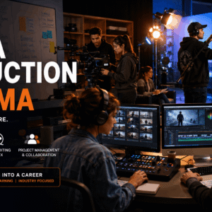 Students creating video content in a professional studio for a Media Production Diploma course