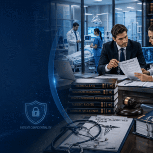 Medical Law Diploma online course with healthcare law documents and legal consultation setting