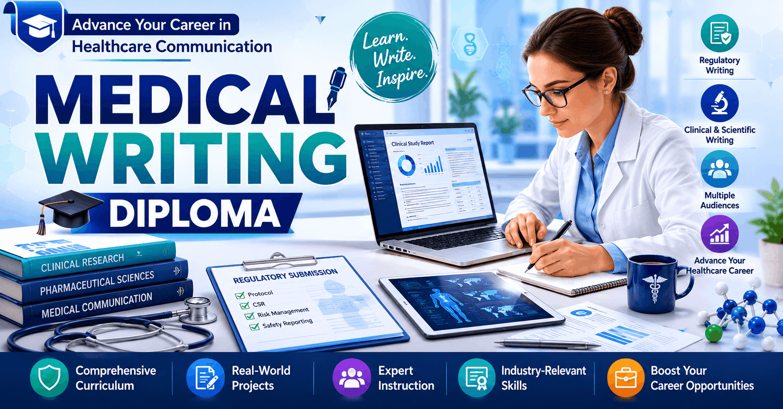 Professional healthcare expert creating reports in a Medical Writing Diploma online course setting