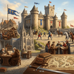 Medieval History Diploma course showing castles, knights, manuscripts, and medieval scholars in a historic setting
