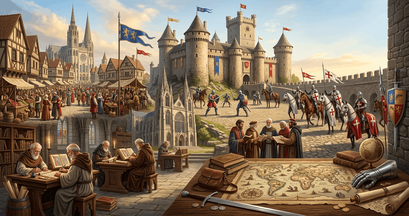 Medieval History Diploma course showing castles, knights, manuscripts, and medieval scholars in a historic setting