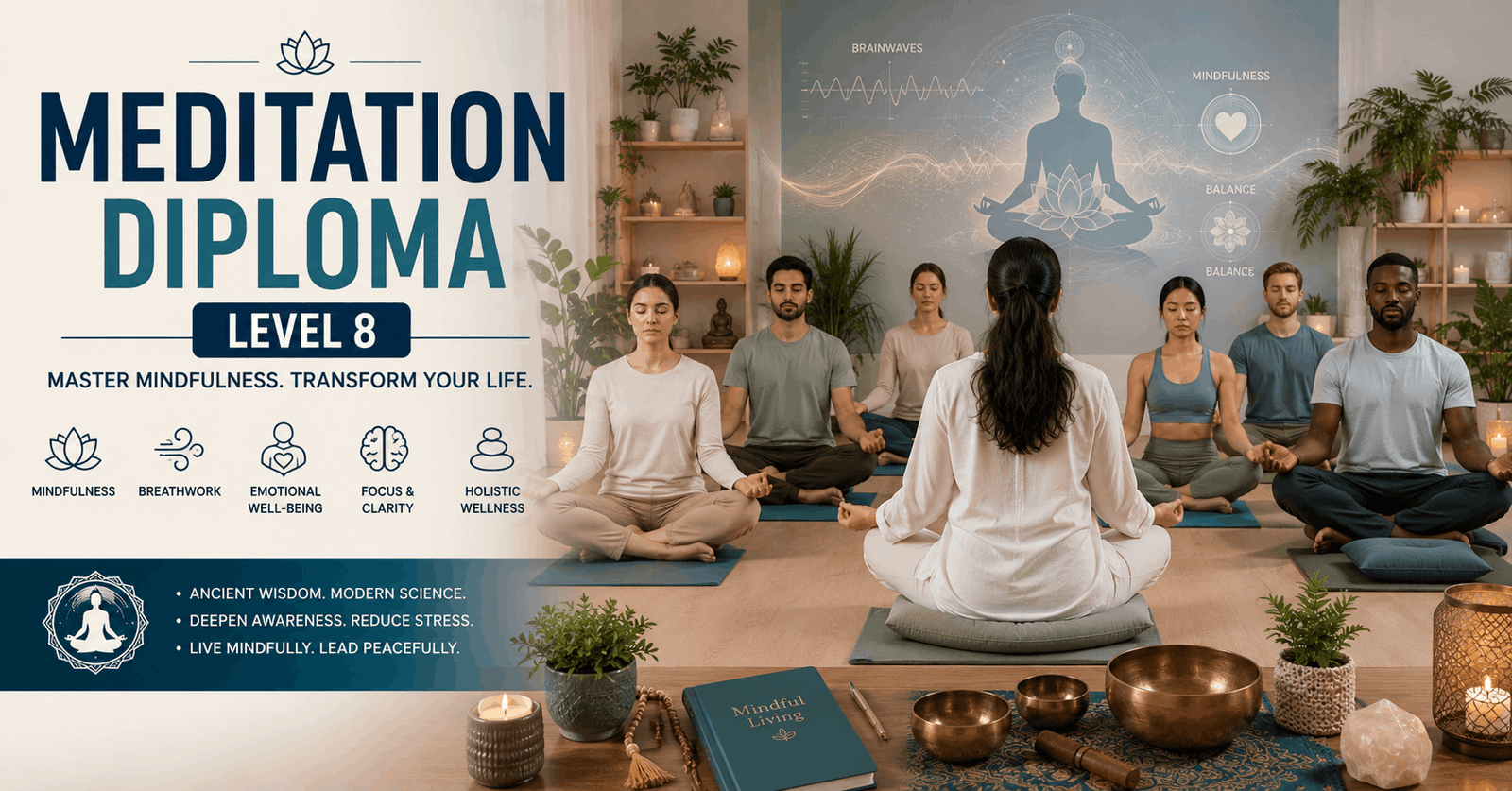Meditation Diploma Level 8 training with mindfulness, breathwork, and guided meditation practice