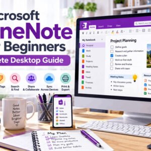 Microsoft OneNote workspace showing organised notebooks, sections, pages, notes, images and tags on a desktop computer.