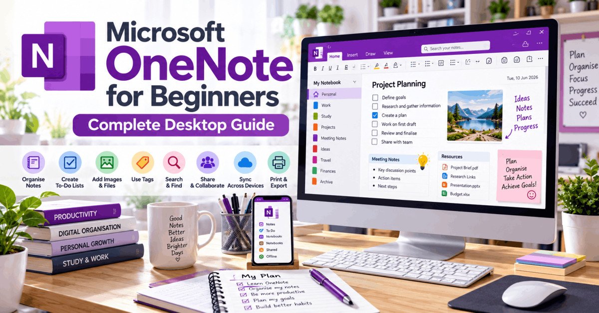 Microsoft OneNote workspace showing organised notebooks, sections, pages, notes, images and tags on a desktop computer.