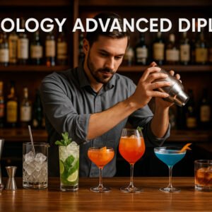 Student creating cocktails with tools and garnishes, mixology advanced diploma