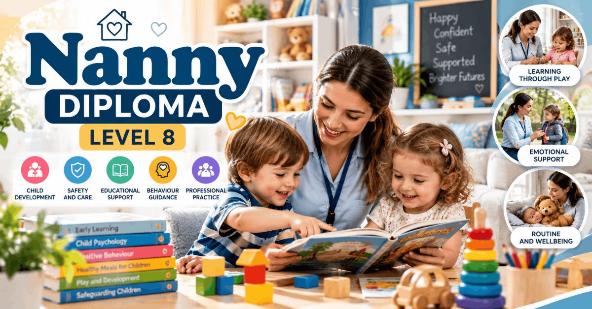 Professional nanny caring for children during a Nanny Diploma Level 8 training programme