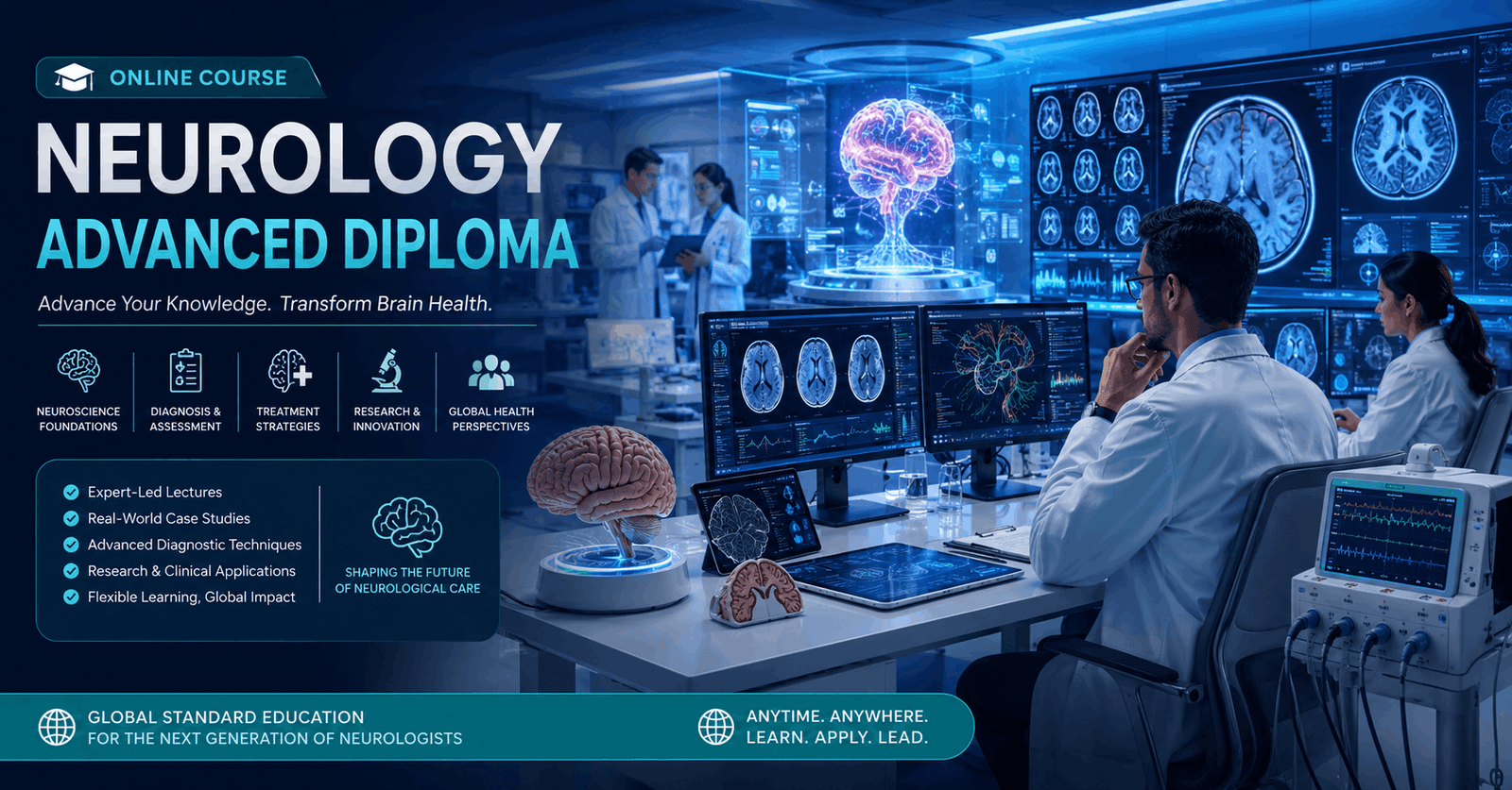 Neurology Advanced Diploma course showing brain scans, neurologists, and advanced neuroscience technology