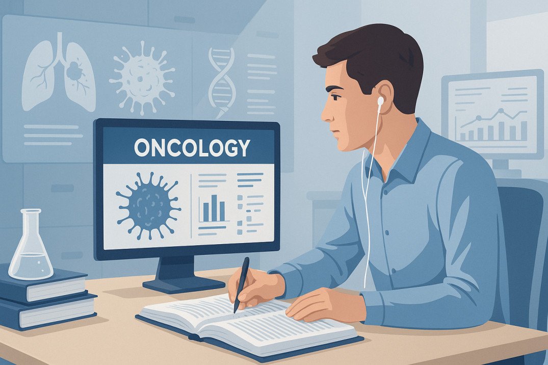 UK postgraduate student studying oncology diploma with cancer research visuals