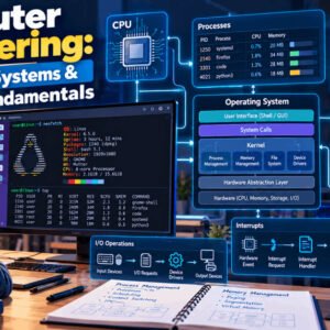 Operating Systems Fundamentals visual with Linux terminal, CPU, memory, storage and process management concepts