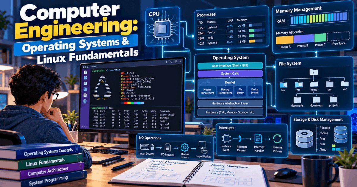 Operating Systems Fundamentals visual with Linux terminal, CPU, memory, storage and process management concepts