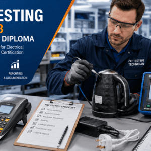 Professional technician performing PAT Testing Diploma electrical appliance inspection in a modern workplace