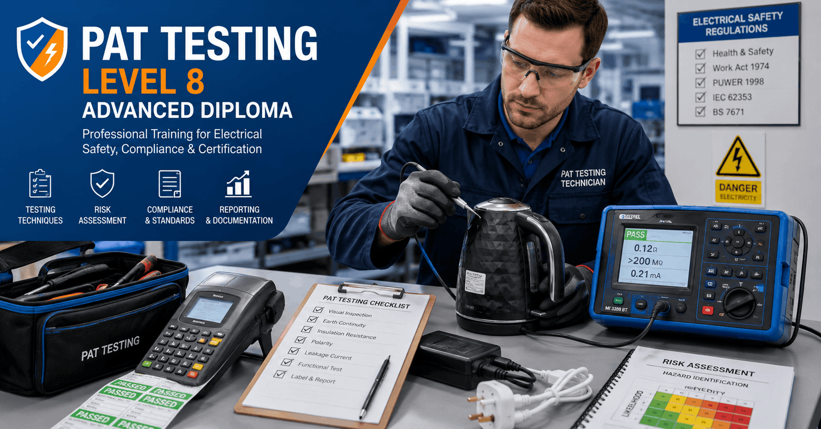 Professional technician performing PAT Testing Diploma electrical appliance inspection in a modern workplace