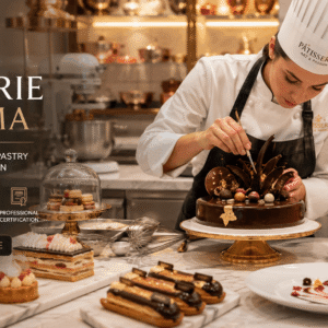 Professional pastry chef creating luxury desserts in a Patisserie Diploma online course kitchen
