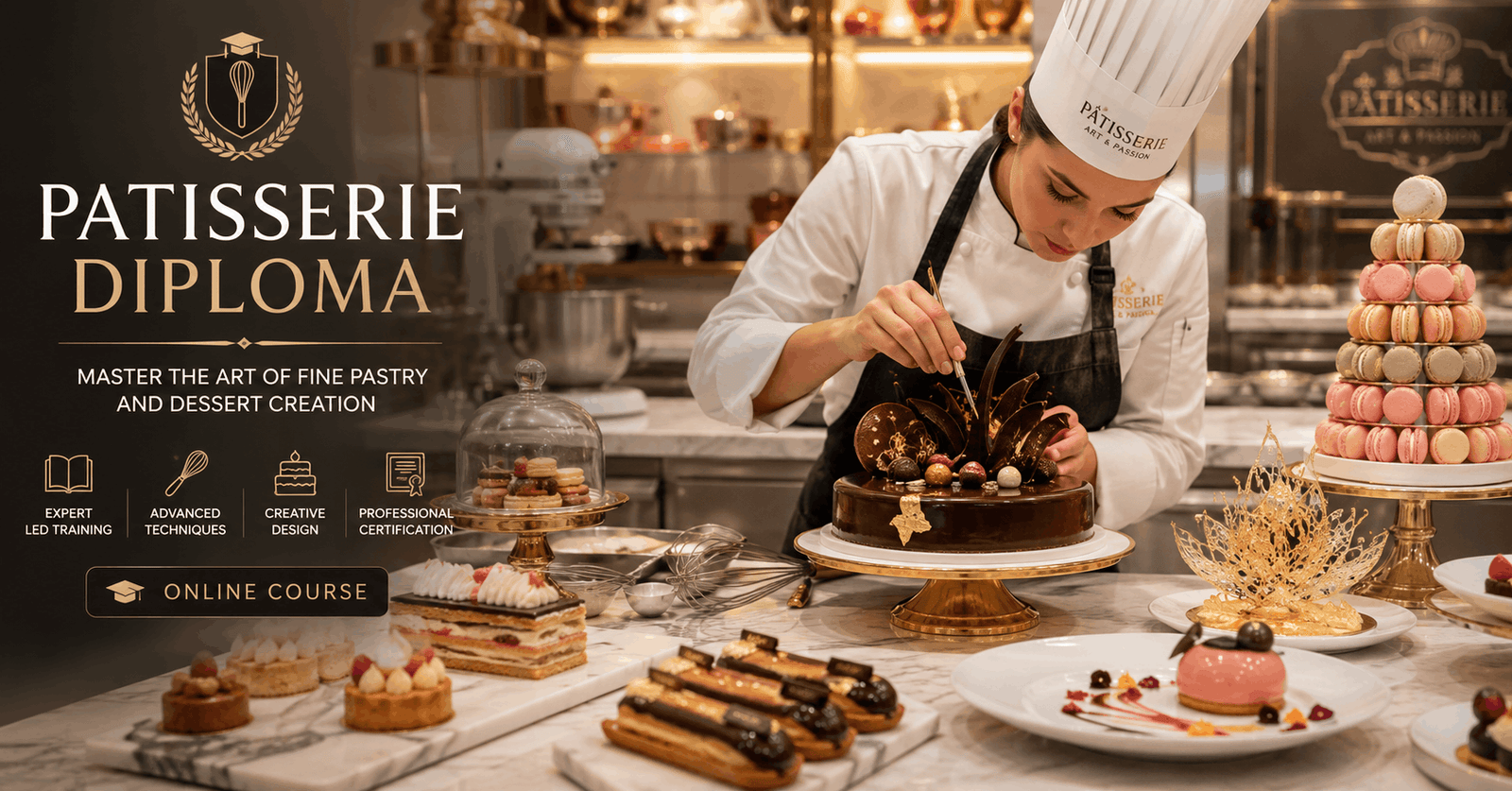 Professional pastry chef creating luxury desserts in a Patisserie Diploma online course kitchen