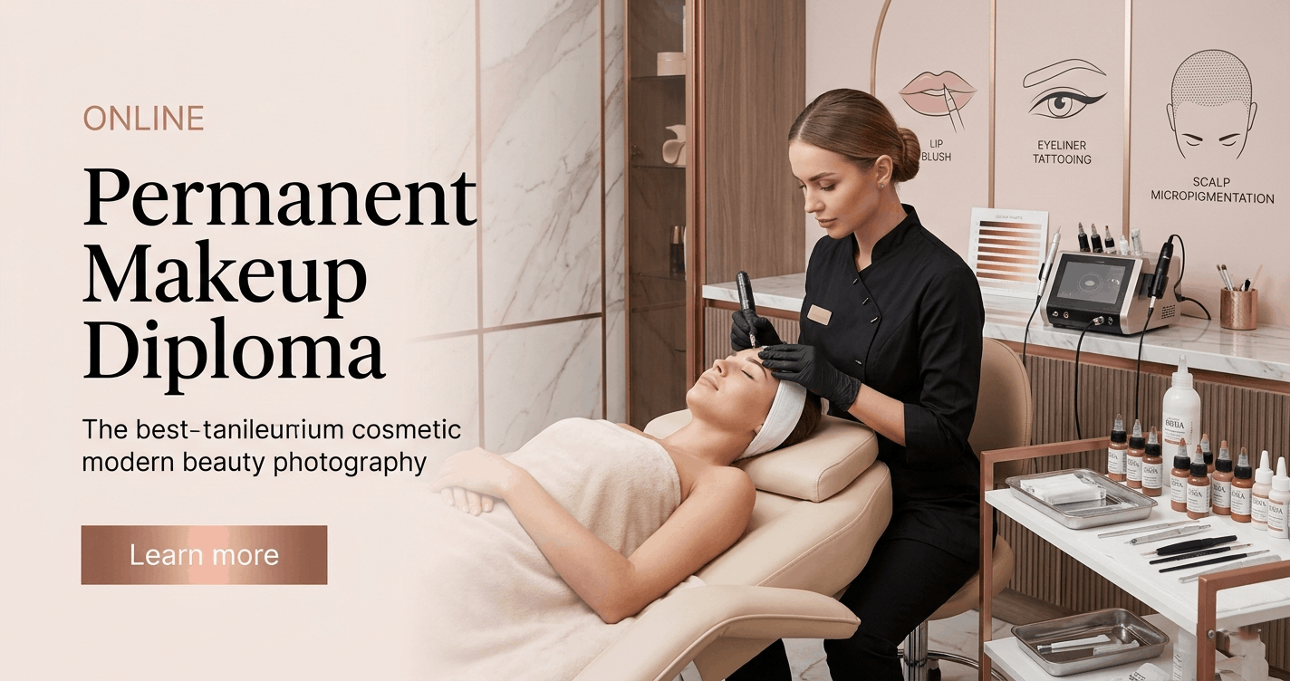 Beauty professional performing eyebrow treatment in a Permanent Makeup Diploma course