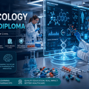 Pharmacology Advanced Diploma course showing drug research, laboratory analysis, and pharmaceutical technology