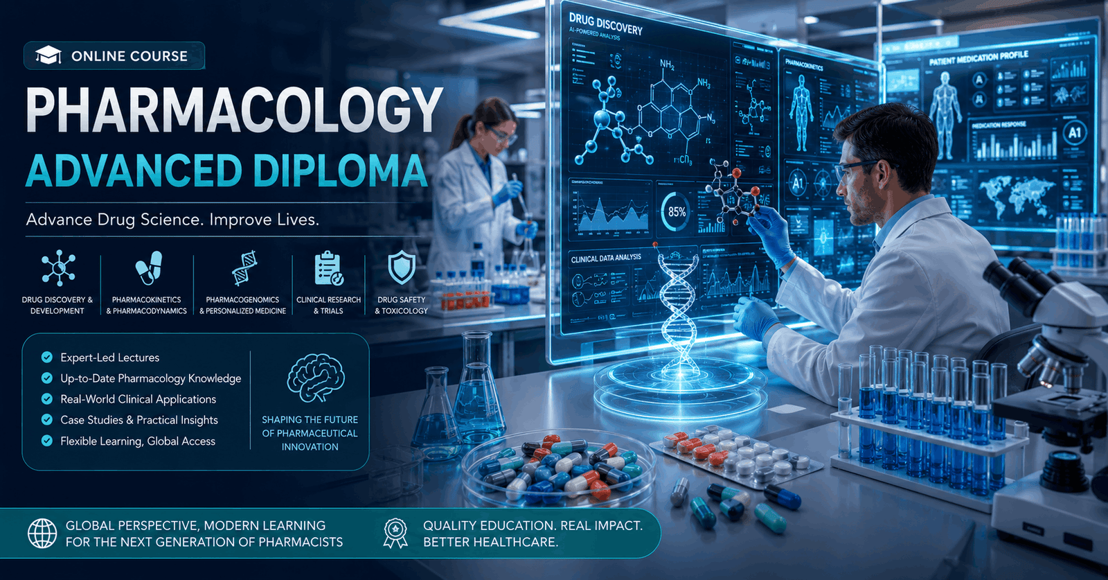 Pharmacology Advanced Diploma course showing drug research, laboratory analysis, and pharmaceutical technology