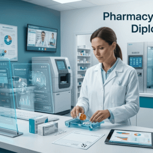 Pharmacy Technician Diploma Level 8 student preparing medication in a modern clinical pharmacy laboratory