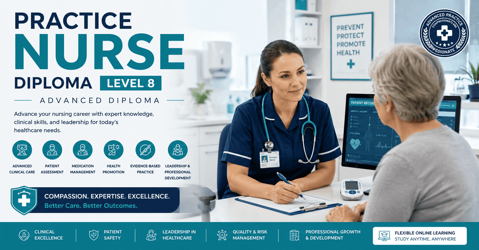 Professional healthcare practitioner during Practice Nurse Diploma Level 8 clinical training